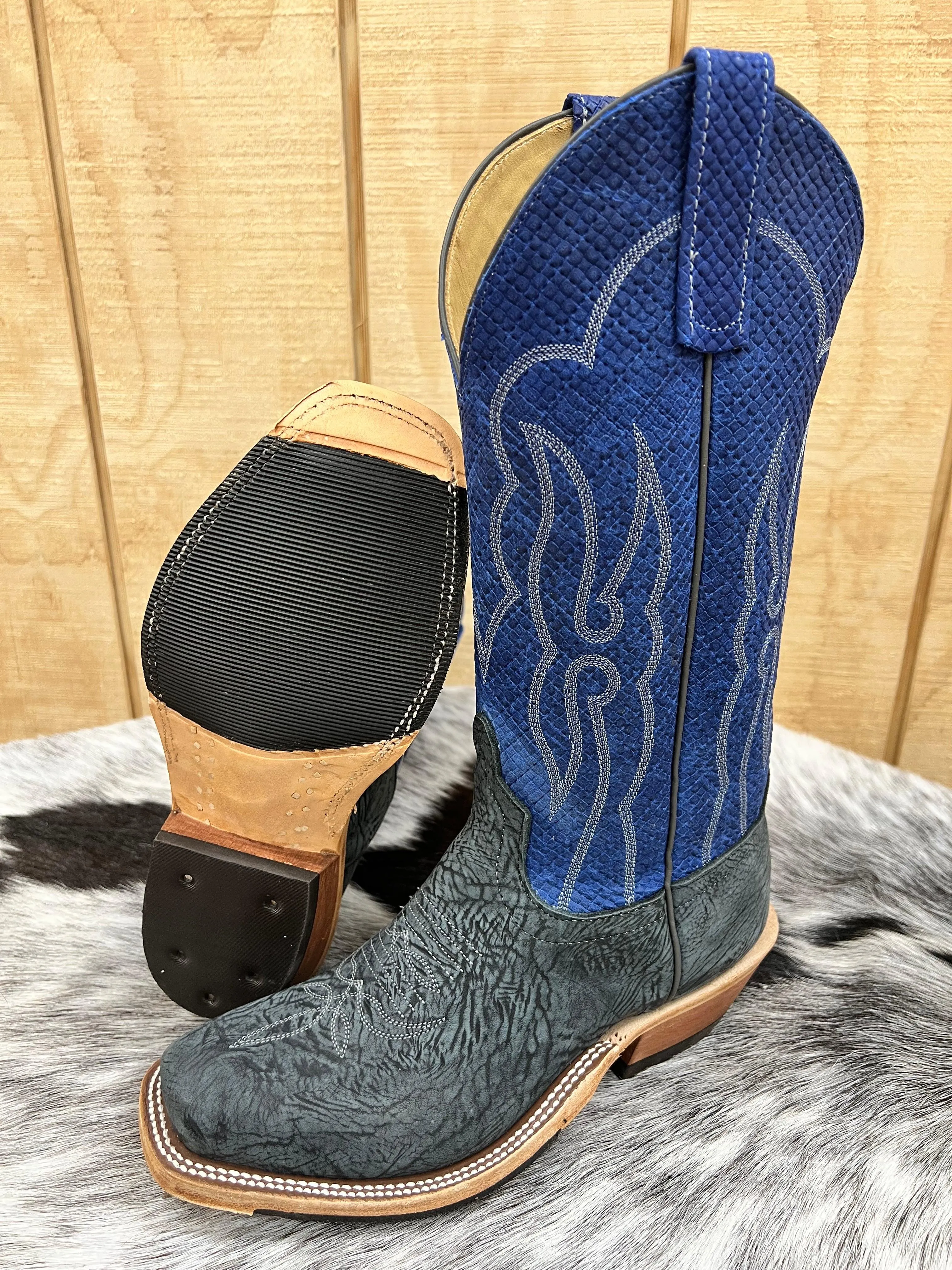 Anderson Bean Mens Black Washed Leather Shoulder and Blue Checkered Cutter Toe Cowboy Boots - Style 335677