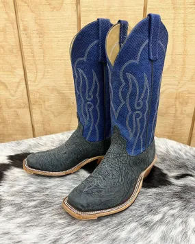 Anderson Bean Mens Black Washed Leather Shoulder and Blue Checkered Cutter Toe Cowboy Boots - Style 335677