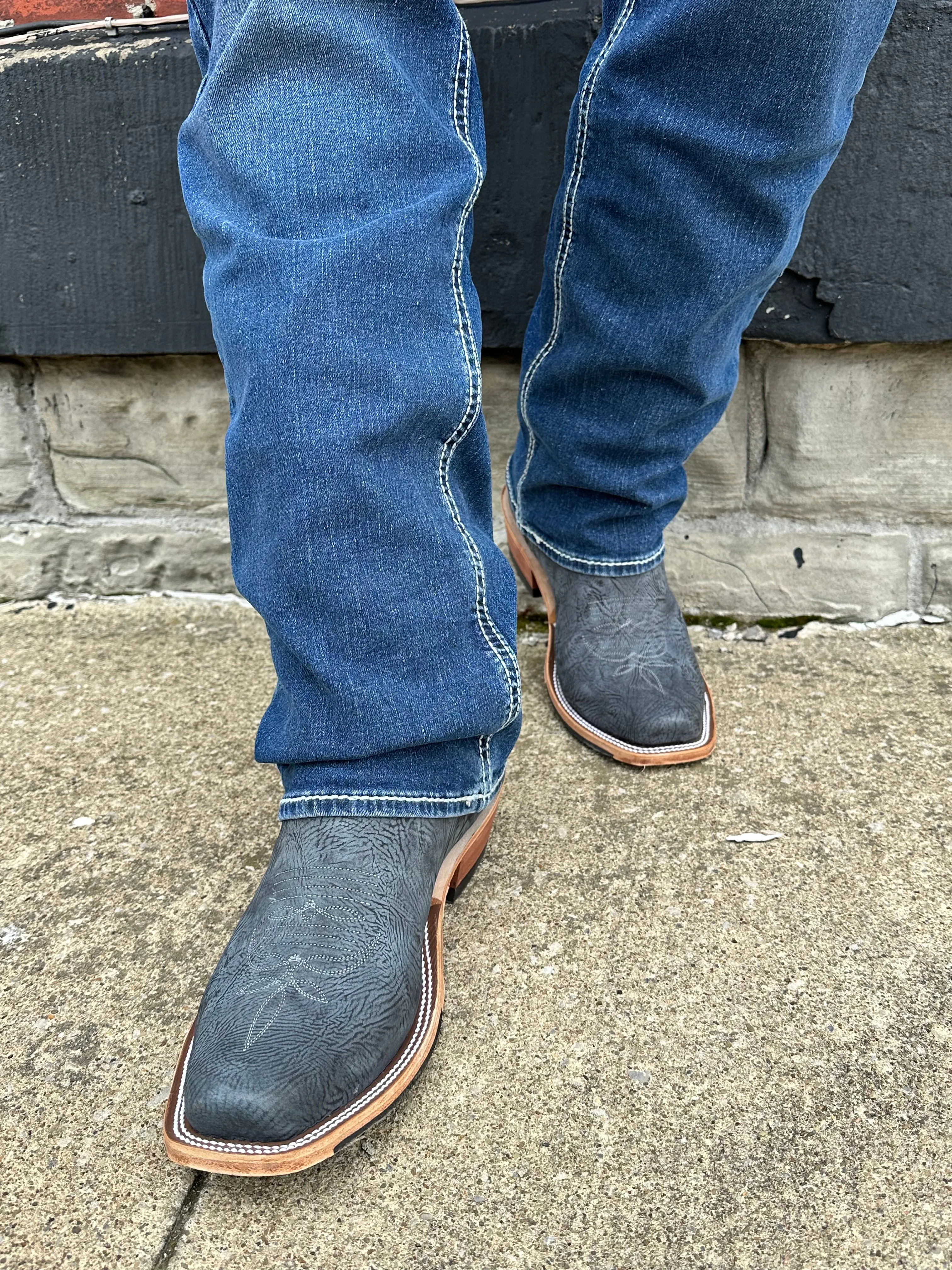 Anderson Bean Mens Black Washed Leather Shoulder and Blue Checkered Cutter Toe Cowboy Boots - Style 335677