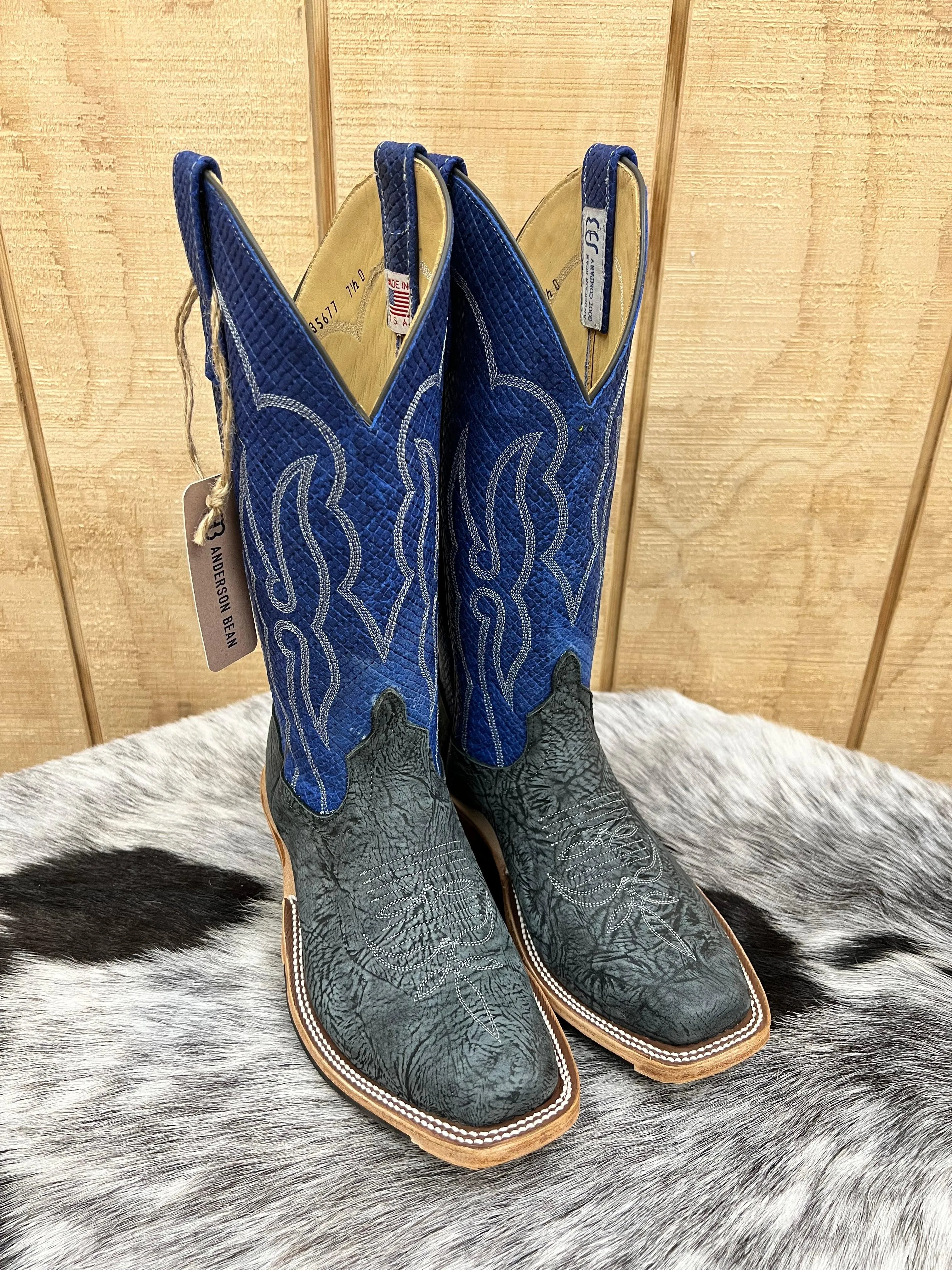 Anderson Bean Mens Black Washed Leather Shoulder and Blue Checkered Cutter Toe Cowboy Boots - Style 335677