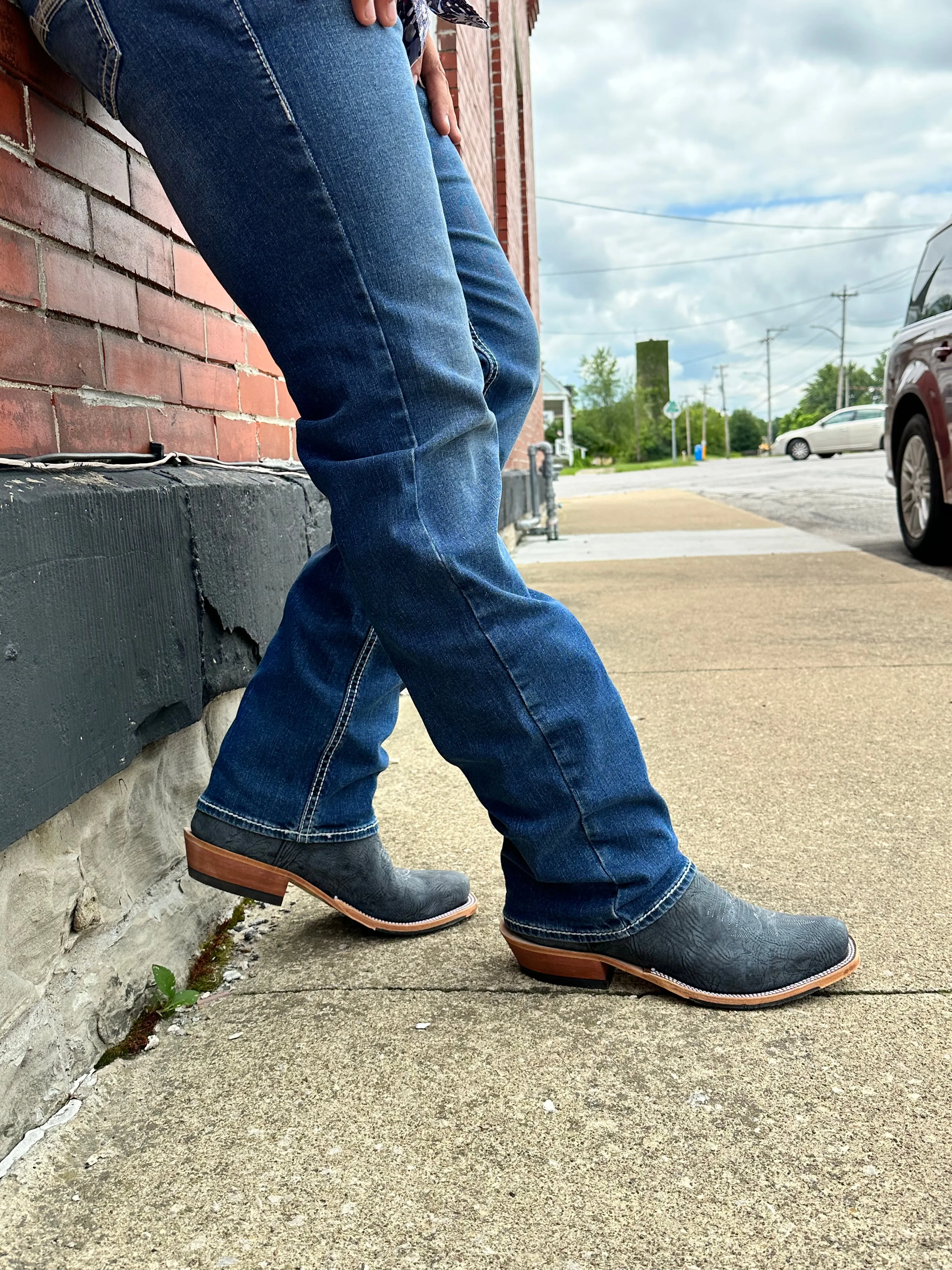 Anderson Bean Mens Black Washed Leather Shoulder and Blue Checkered Cutter Toe Cowboy Boots - Style 335677