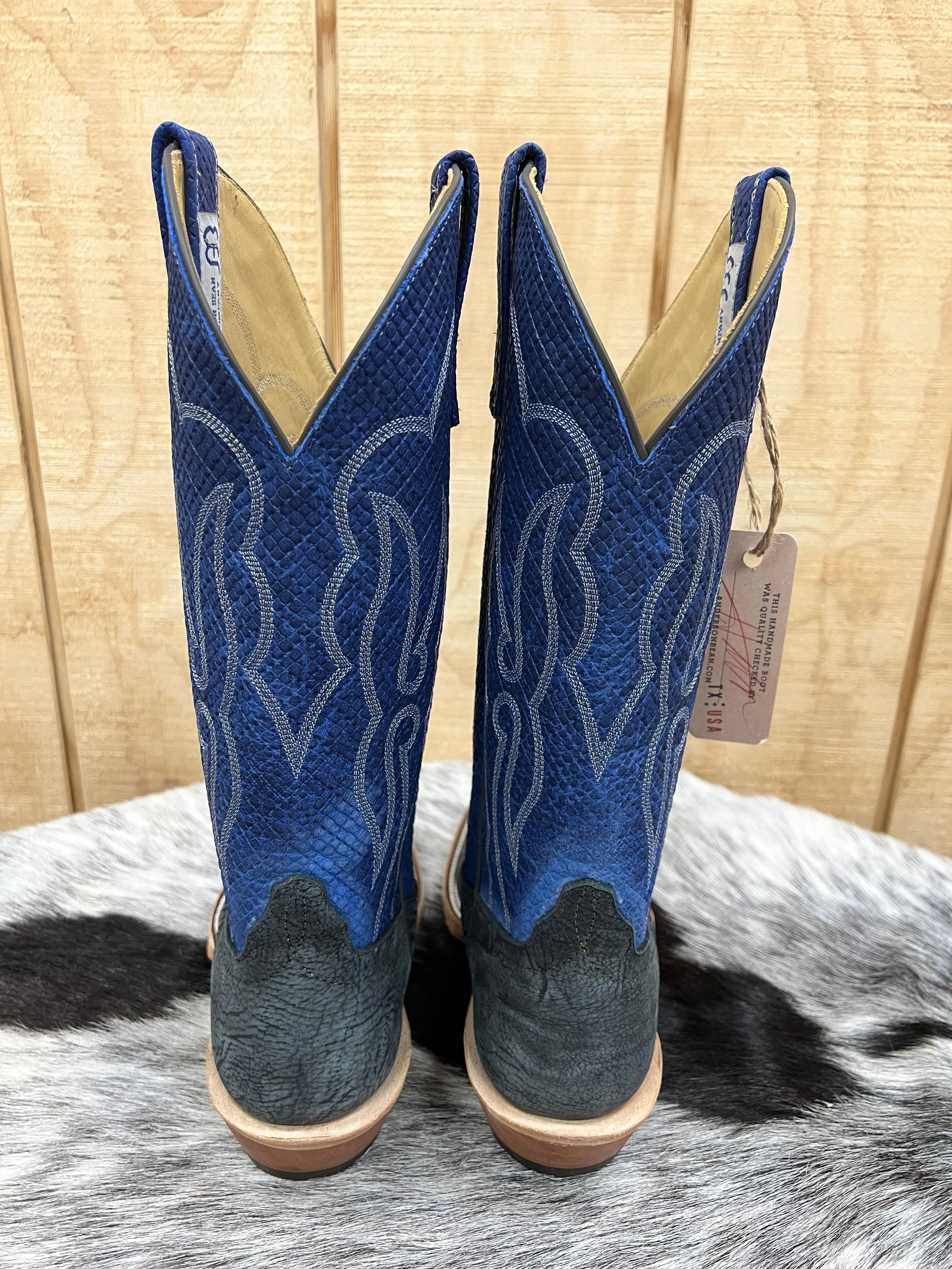 Anderson Bean Mens Black Washed Leather Shoulder and Blue Checkered Cutter Toe Cowboy Boots - Style 335677