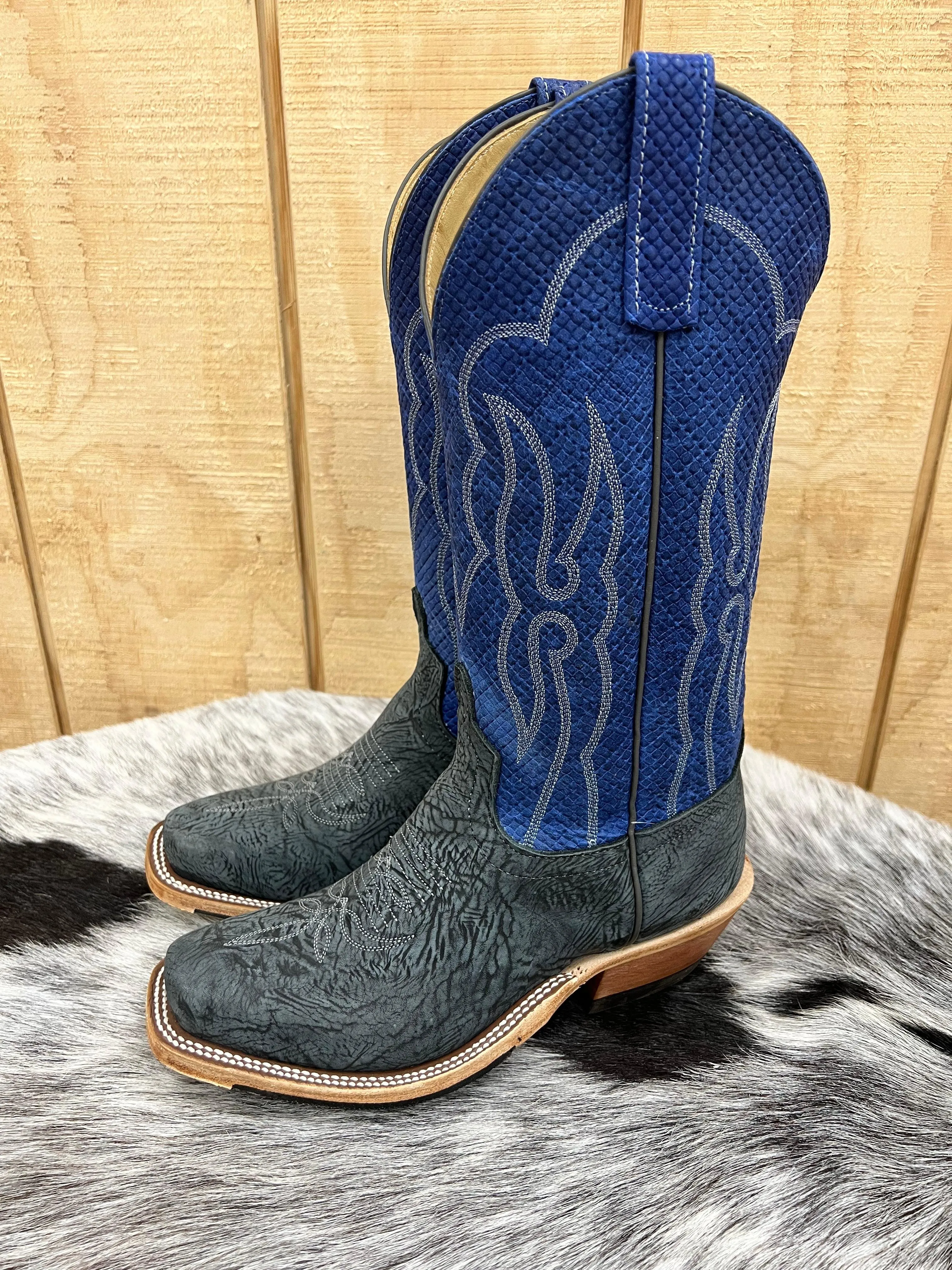 Anderson Bean Mens Black Washed Leather Shoulder and Blue Checkered Cutter Toe Cowboy Boots - Style 335677