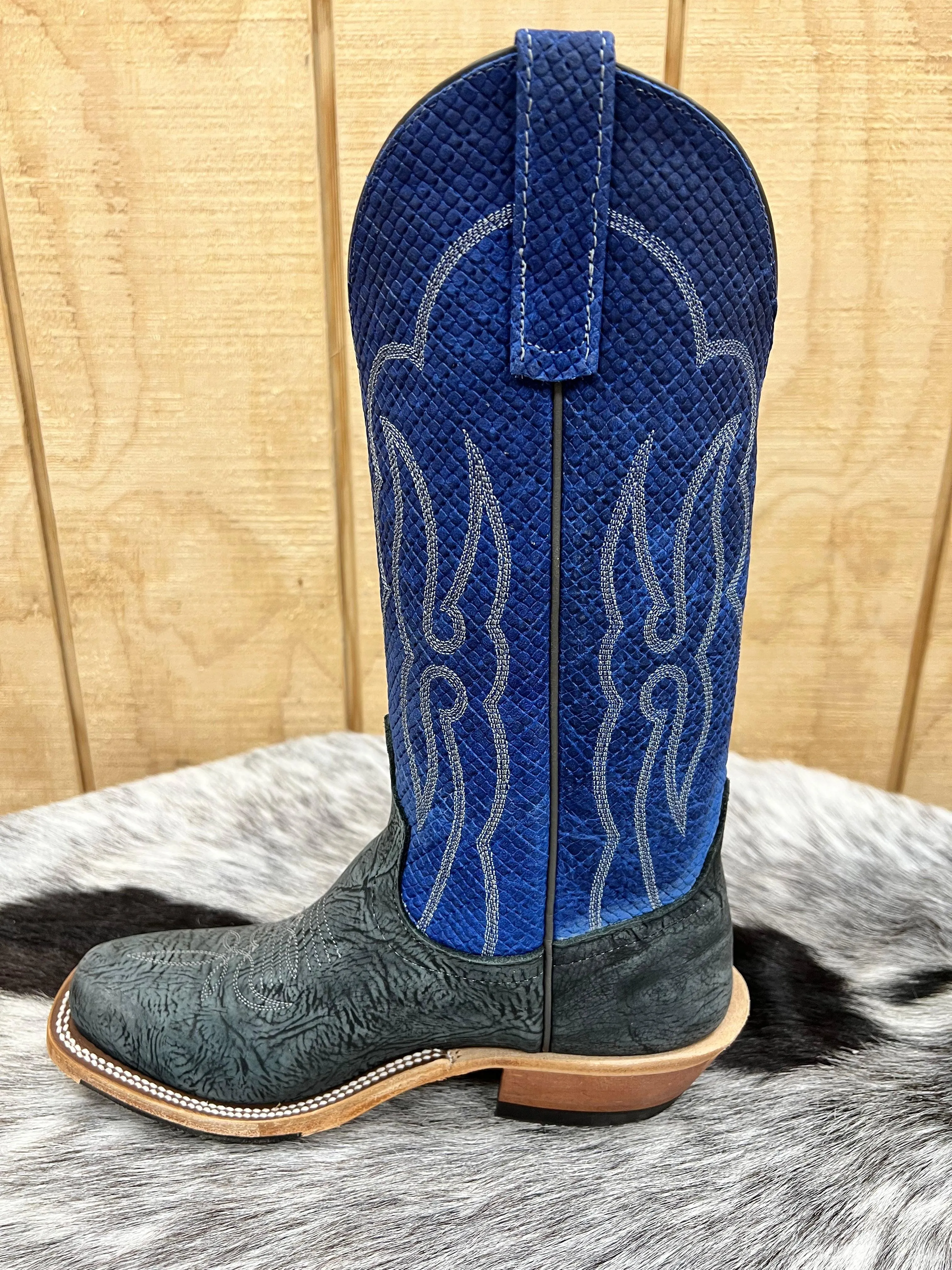 Anderson Bean Mens Black Washed Leather Shoulder and Blue Checkered Cutter Toe Cowboy Boots - Style 335677