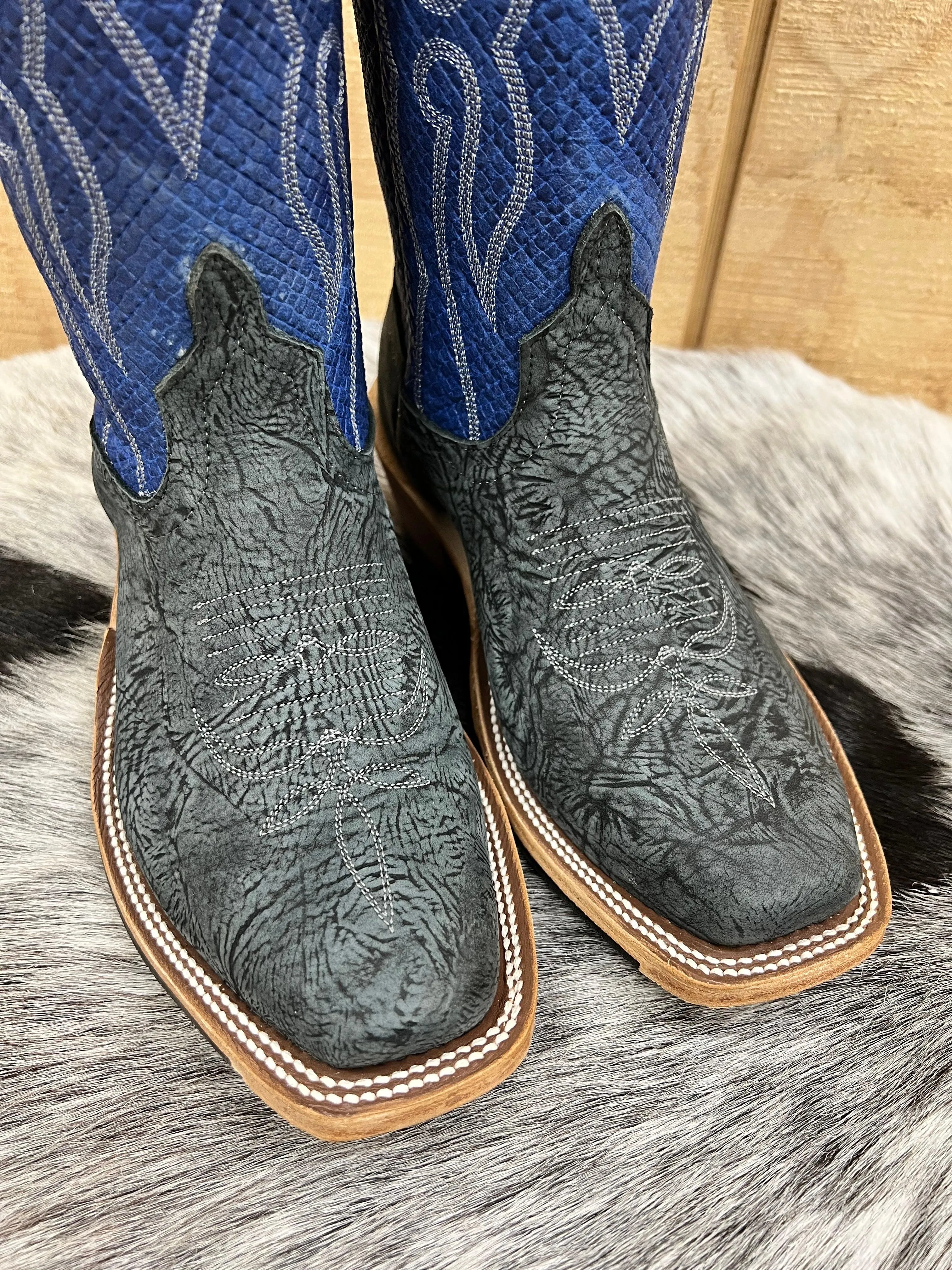 Anderson Bean Mens Black Washed Leather Shoulder and Blue Checkered Cutter Toe Cowboy Boots - Style 335677