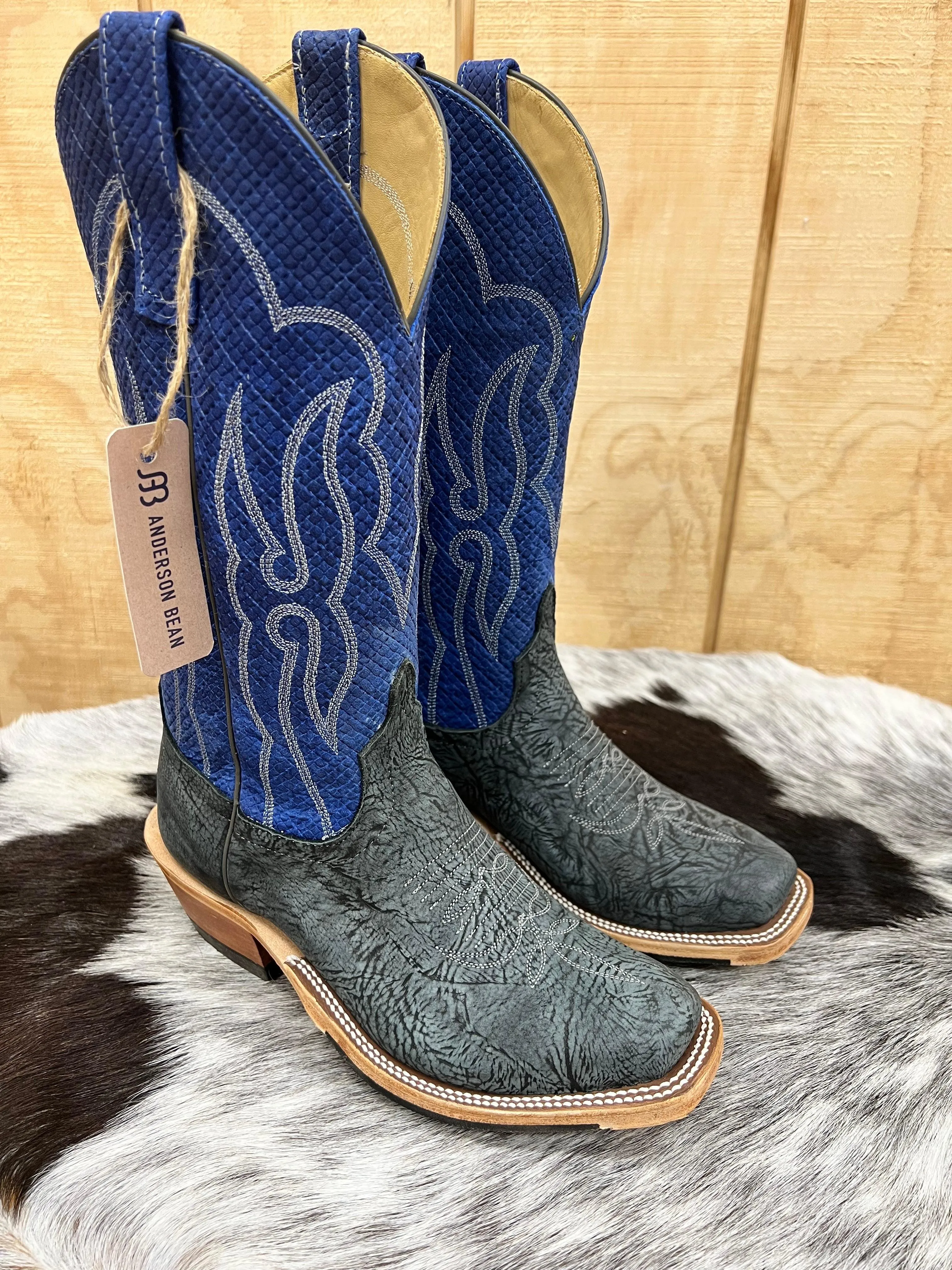 Anderson Bean Mens Black Washed Leather Shoulder and Blue Checkered Cutter Toe Cowboy Boots - Style 335677