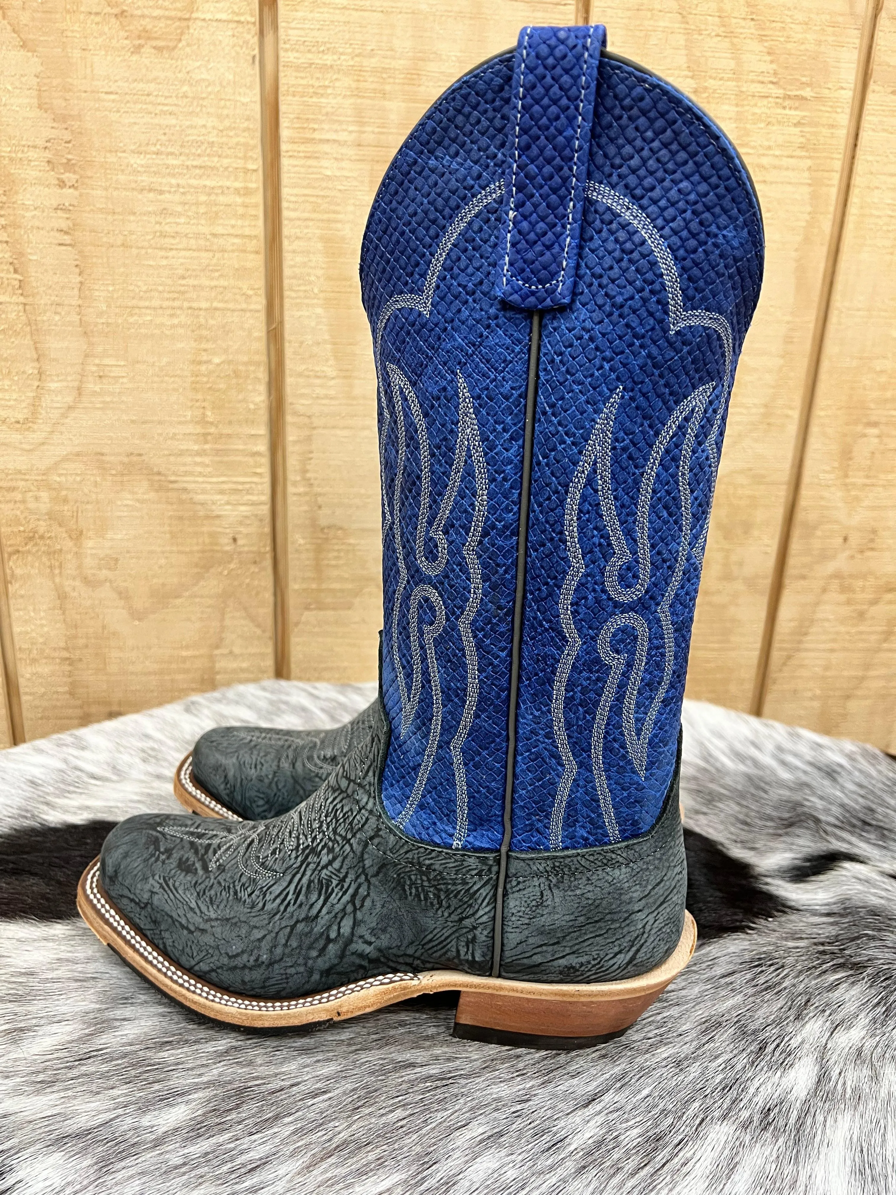 Anderson Bean Mens Black Washed Leather Shoulder and Blue Checkered Cutter Toe Cowboy Boots - Style 335677