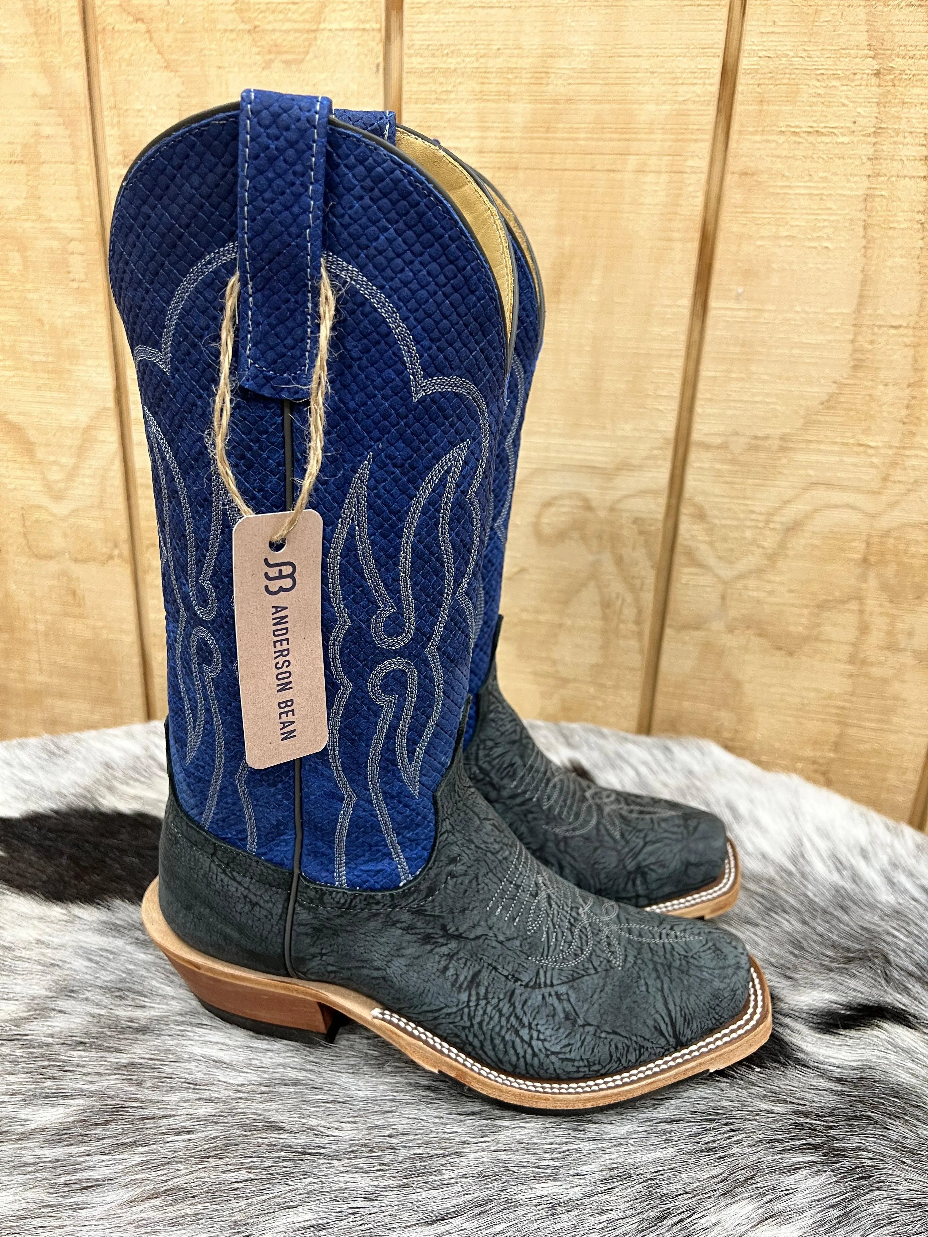 Anderson Bean Mens Black Washed Leather Shoulder and Blue Checkered Cutter Toe Cowboy Boots - Style 335677