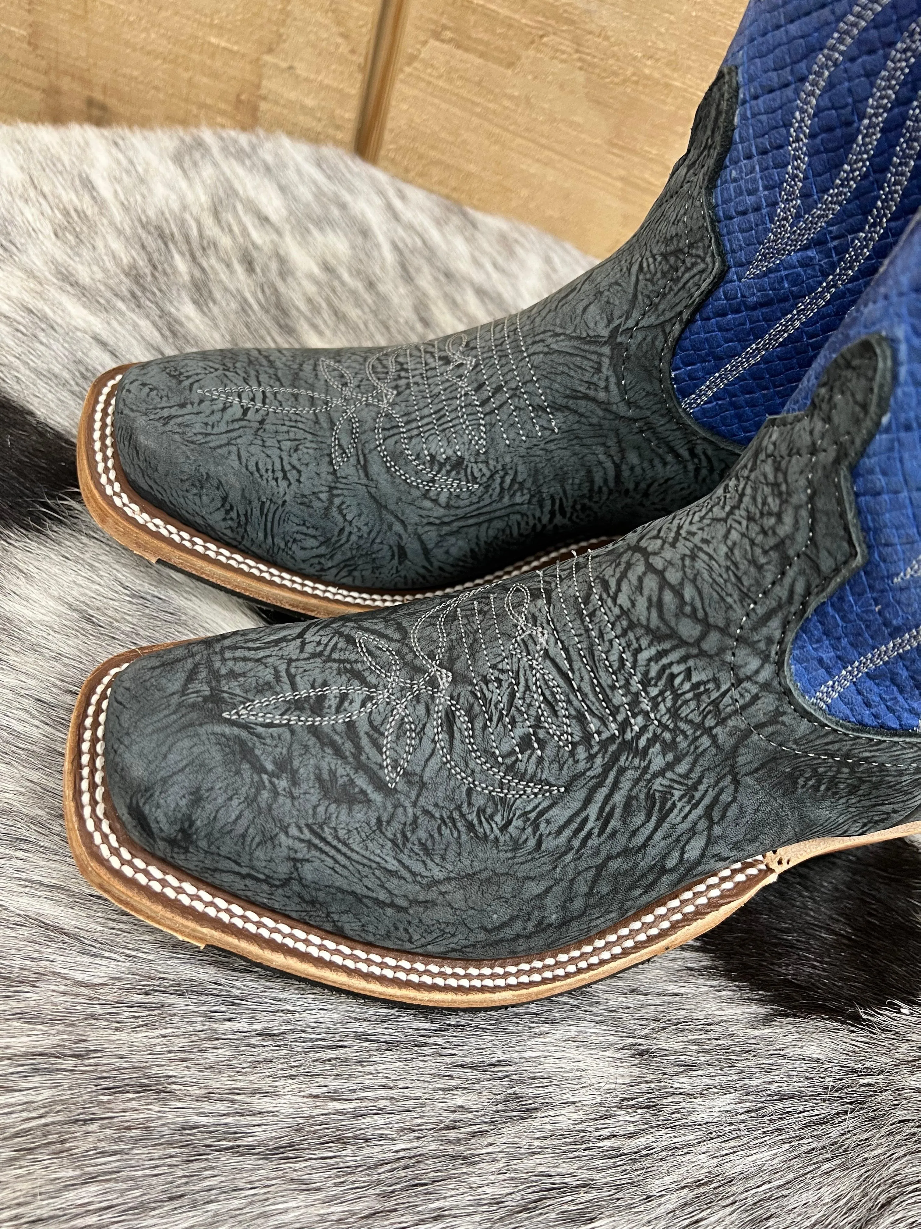 Anderson Bean Mens Black Washed Leather Shoulder and Blue Checkered Cutter Toe Cowboy Boots - Style 335677