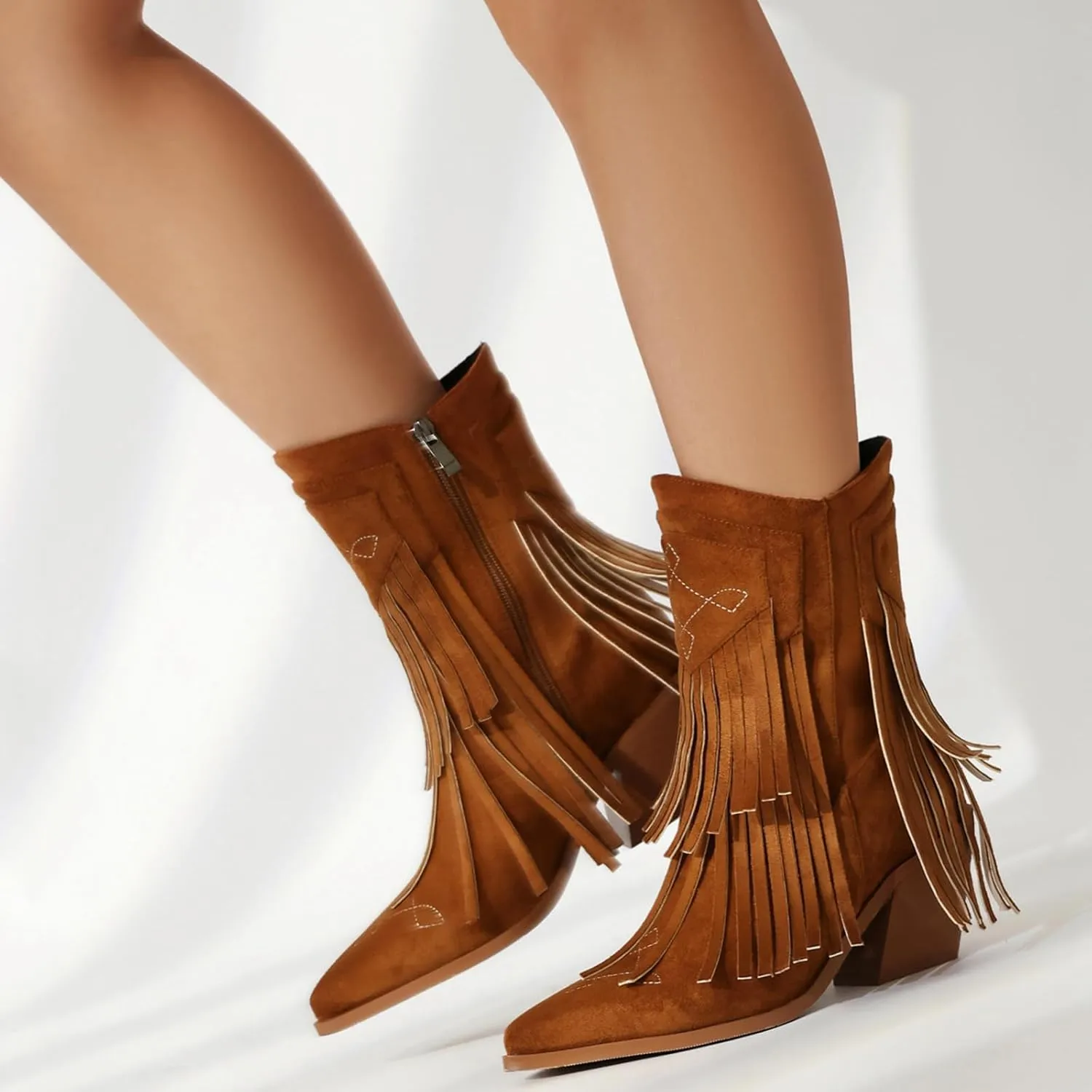 Ankle Boots for Women Embroidery Suede Booties White Western Cowboy Boots Trendy Chunky Heel Dress Booties