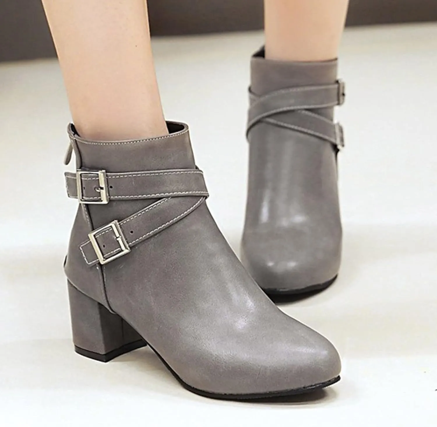 Ankle Boots for Women Fall and Winter Chunky Heel Short Boots Belt Buckle Middle Heel Side Zipper Women's Boots