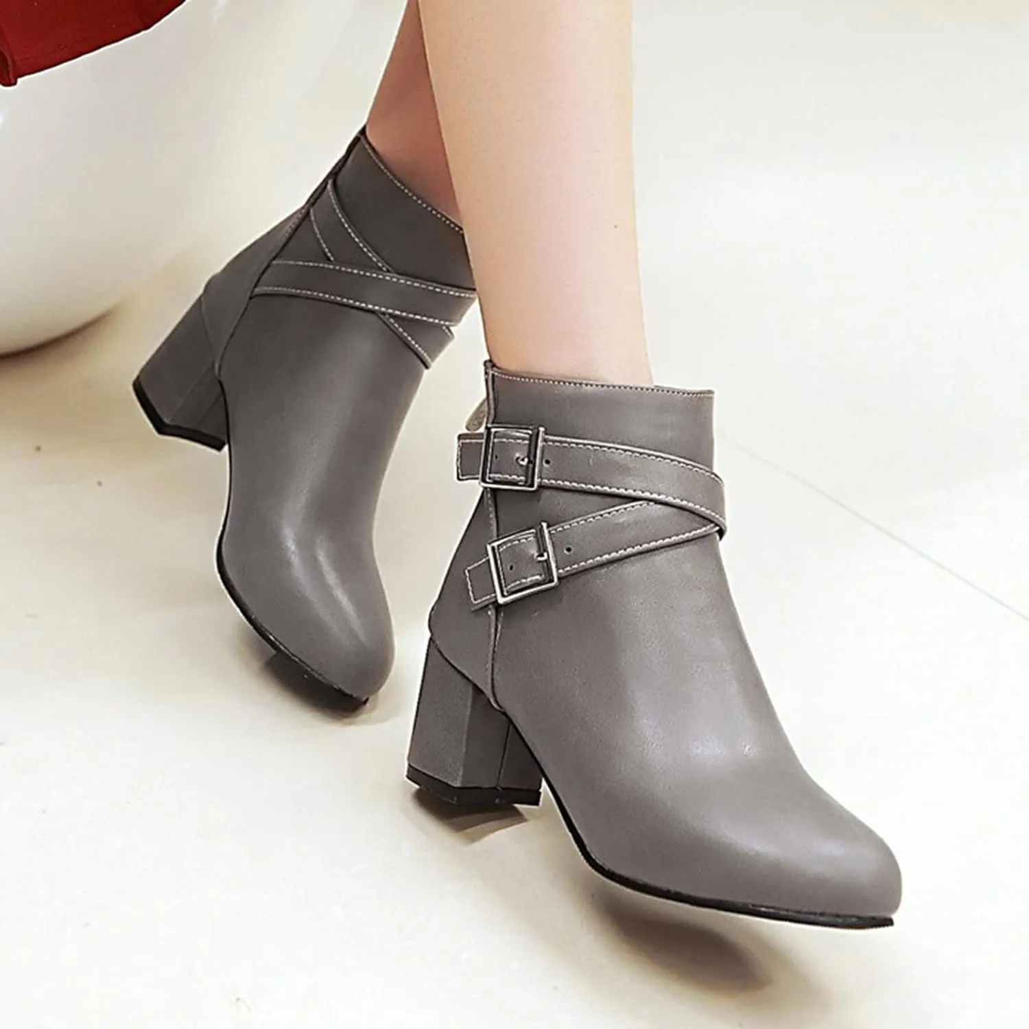 Ankle Boots for Women Fall and Winter Chunky Heel Short Boots Belt Buckle Middle Heel Side Zipper Women's Boots