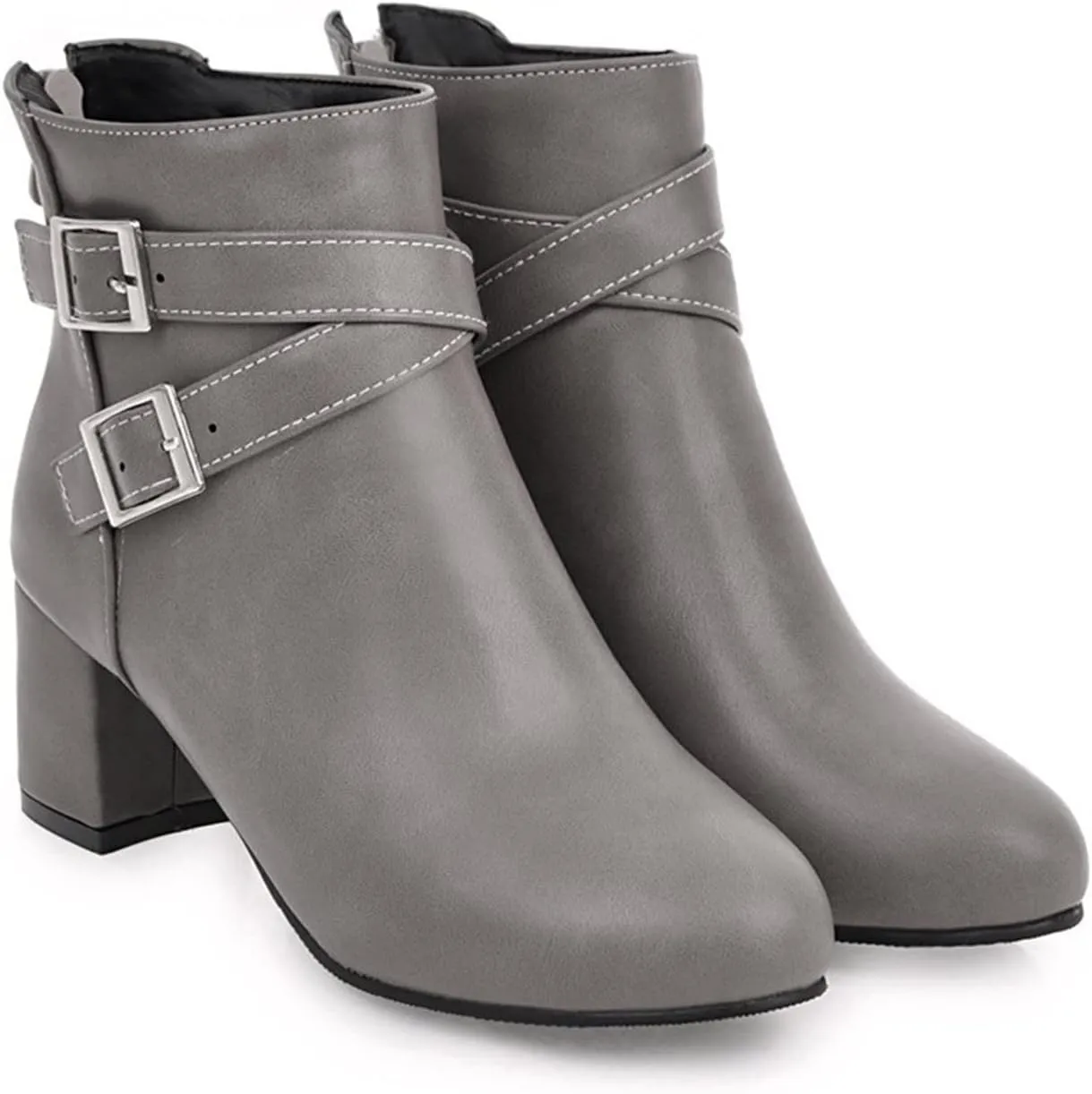 Ankle Boots for Women Fall and Winter Chunky Heel Short Boots Belt Buckle Middle Heel Side Zipper Women's Boots