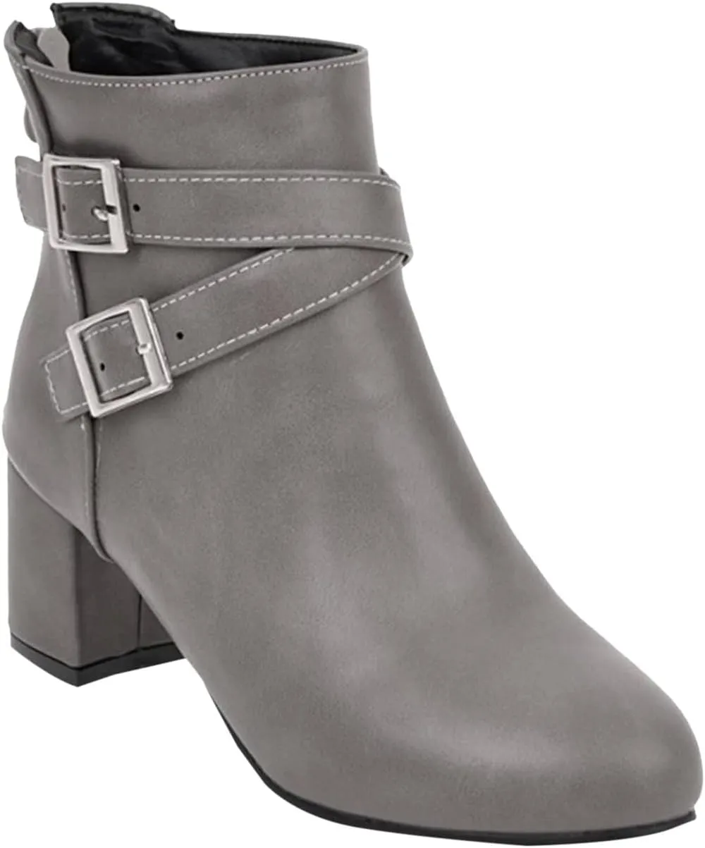 Ankle Boots for Women Fall and Winter Chunky Heel Short Boots Belt Buckle Middle Heel Side Zipper Women's Boots