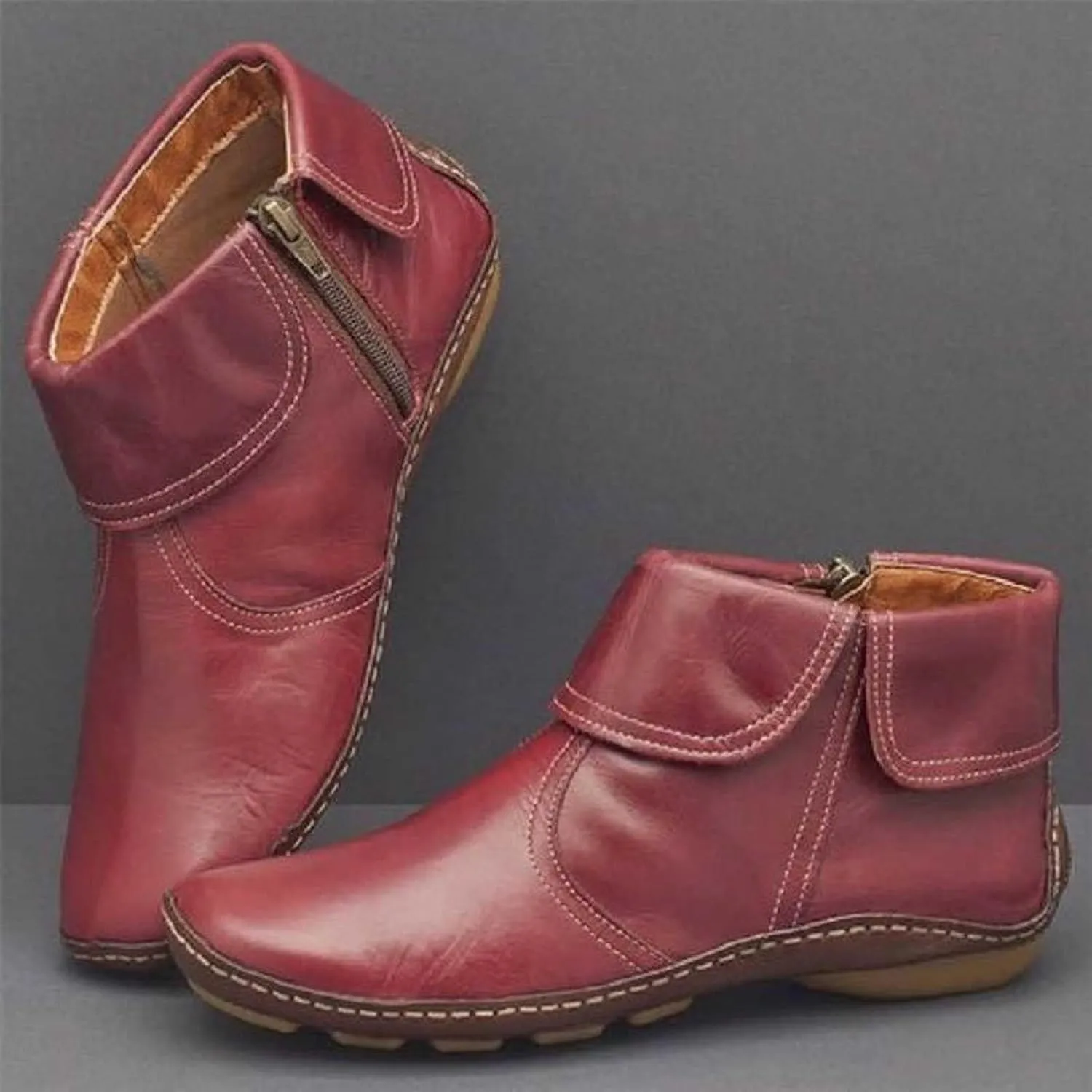 Ankle Boots for Women No Heel New Arch Support Boots Side Zipper Vintage Leather Damping Shoes Flat Heel Booties