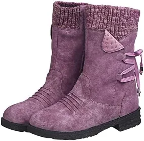 Ctreela Women's Fashion Slouchy Snow Booties Slip-On Mid Calf Chunky Heel Winter Boots Comfortable Combat Boot with Side Zip