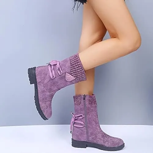 Ctreela Women's Fashion Slouchy Snow Booties Slip-On Mid Calf Chunky Heel Winter Boots Comfortable Combat Boot with Side Zip