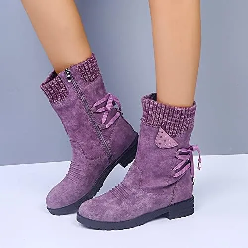 Ctreela Women's Fashion Slouchy Snow Booties Slip-On Mid Calf Chunky Heel Winter Boots Comfortable Combat Boot with Side Zip