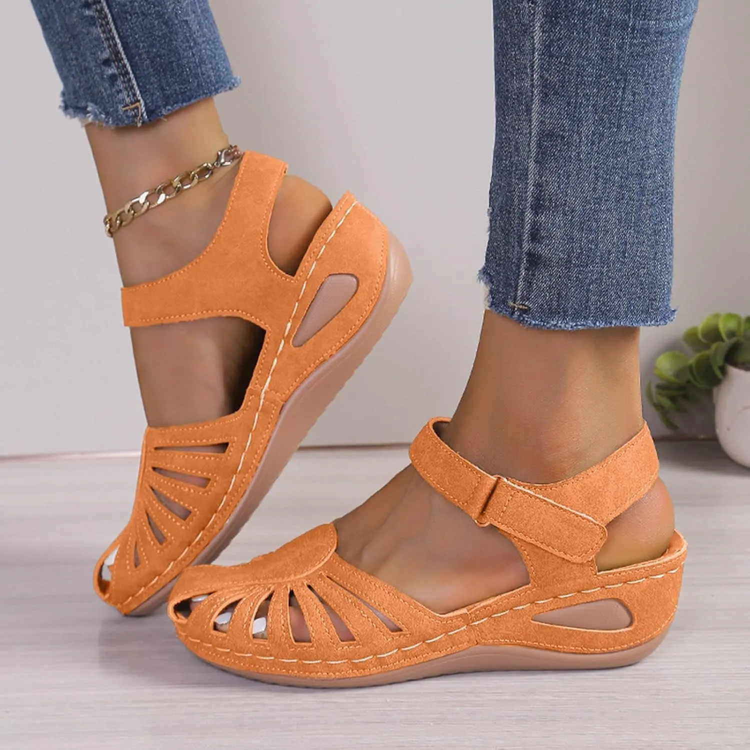 Eduavar Womens Wedge Sandals, Orthopedic Sandals for Women Comfortable Close Toe Sandals Cutout Wedge Sandals