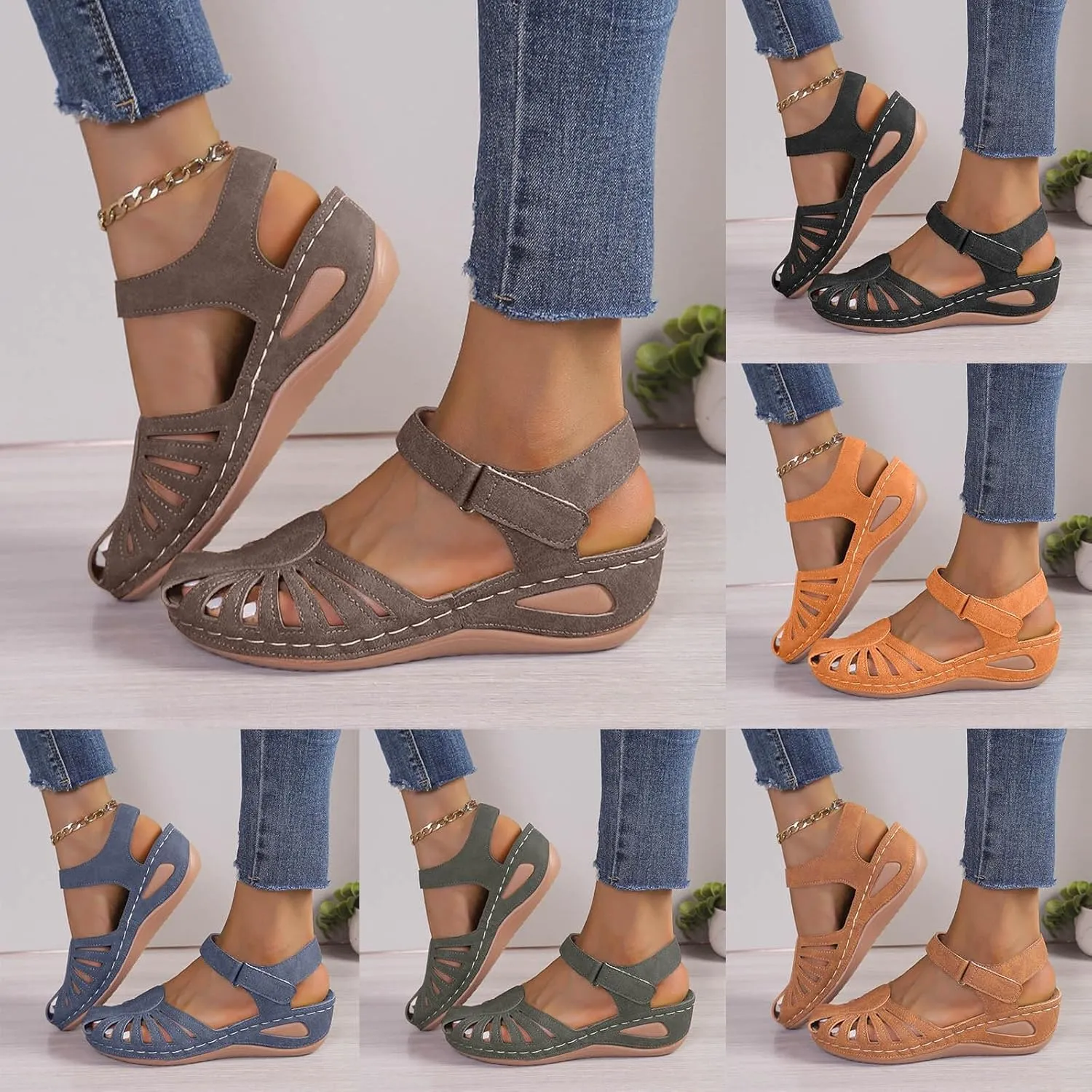 Eduavar Womens Wedge Sandals, Orthopedic Sandals for Women Comfortable Close Toe Sandals Cutout Wedge Sandals