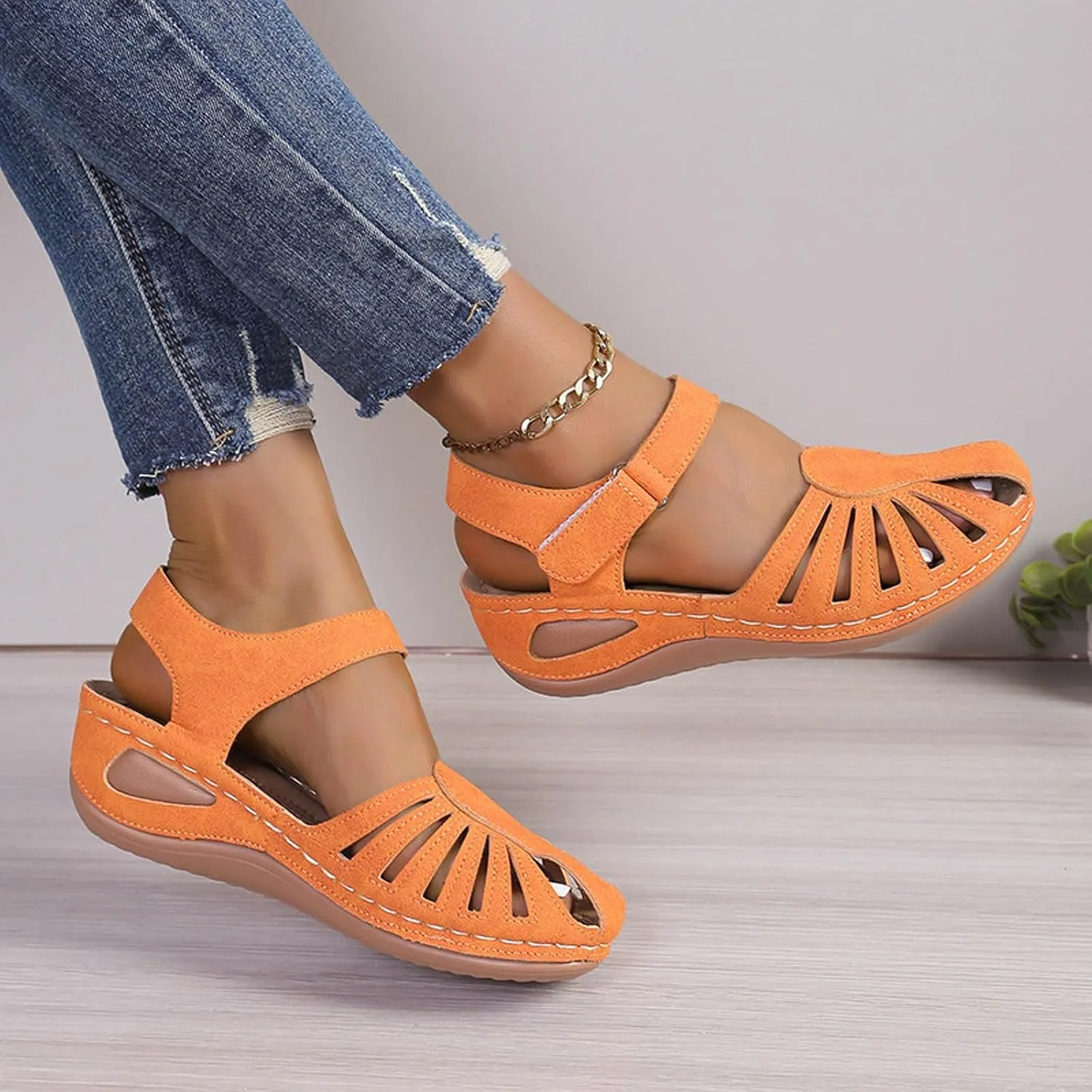 Eduavar Womens Wedge Sandals, Orthopedic Sandals for Women Comfortable Close Toe Sandals Cutout Wedge Sandals