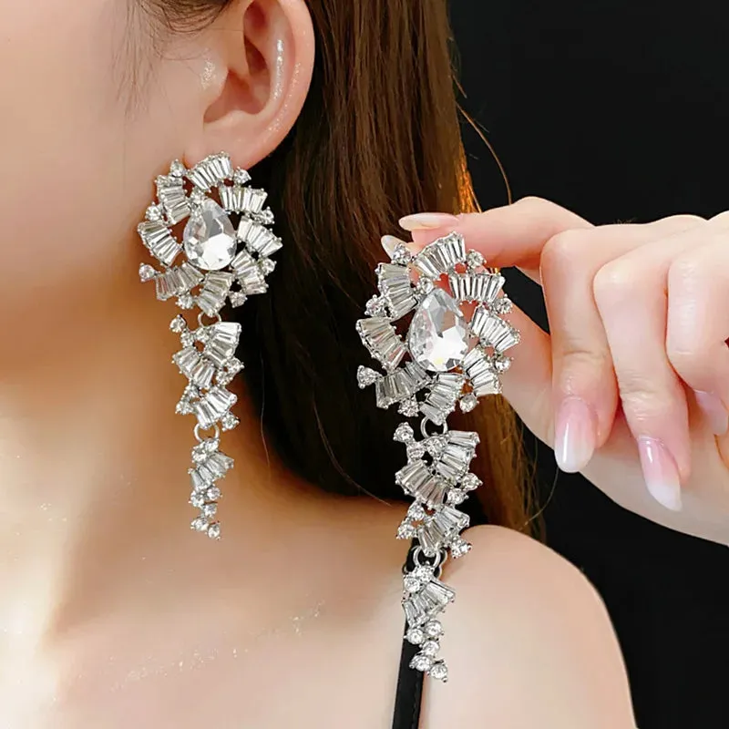 Flower Inlaid Diamond Long Earrings