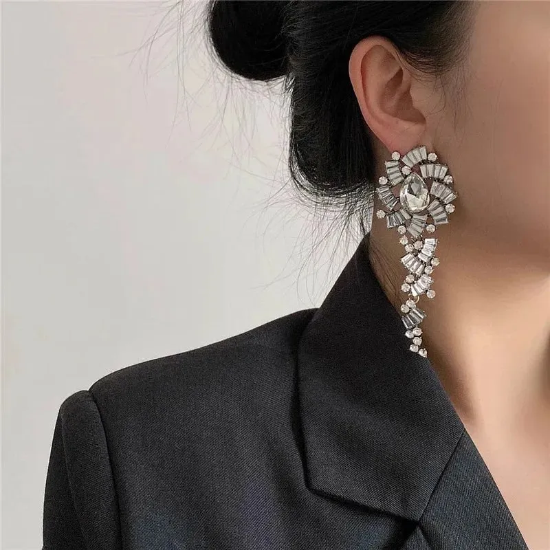 Flower Inlaid Diamond Long Earrings