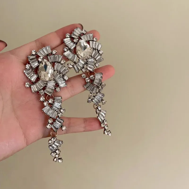 Flower Inlaid Diamond Long Earrings