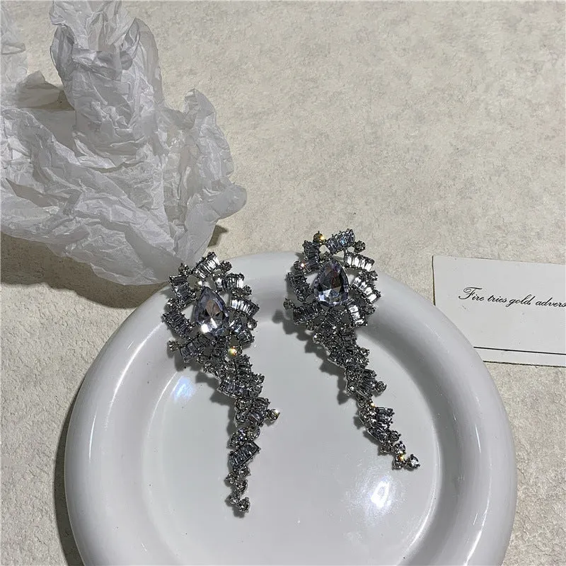 Flower Inlaid Diamond Long Earrings