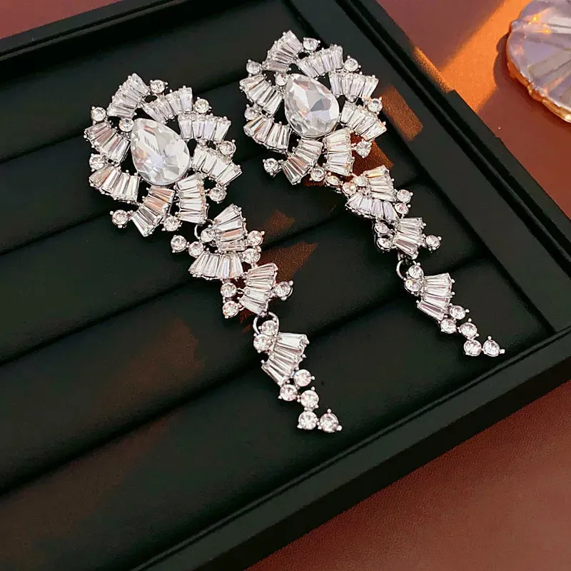 Flower Inlaid Diamond Long Earrings