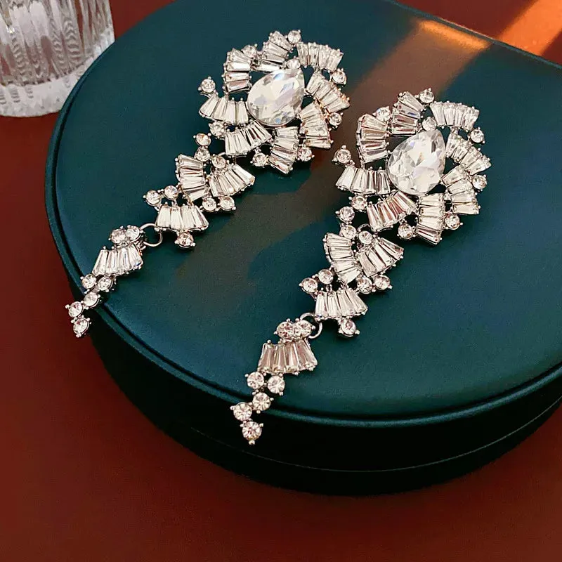 Flower Inlaid Diamond Long Earrings