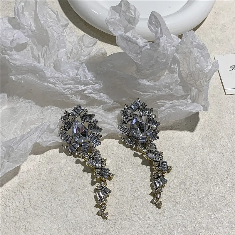 Flower Inlaid Diamond Long Earrings