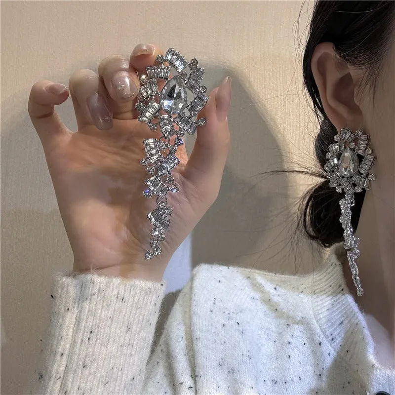 Flower Inlaid Diamond Long Earrings