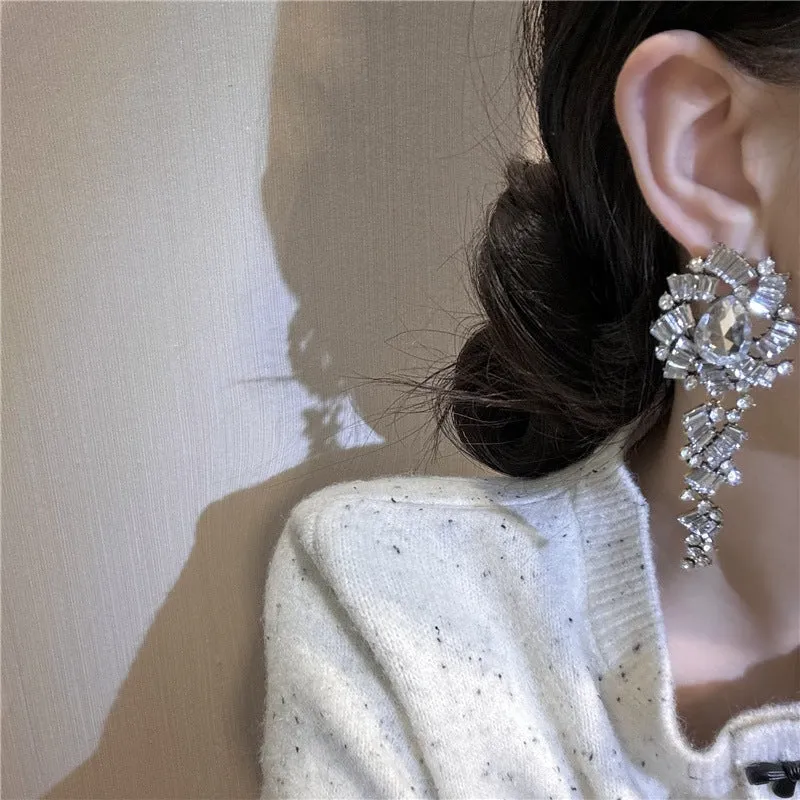 Flower Inlaid Diamond Long Earrings