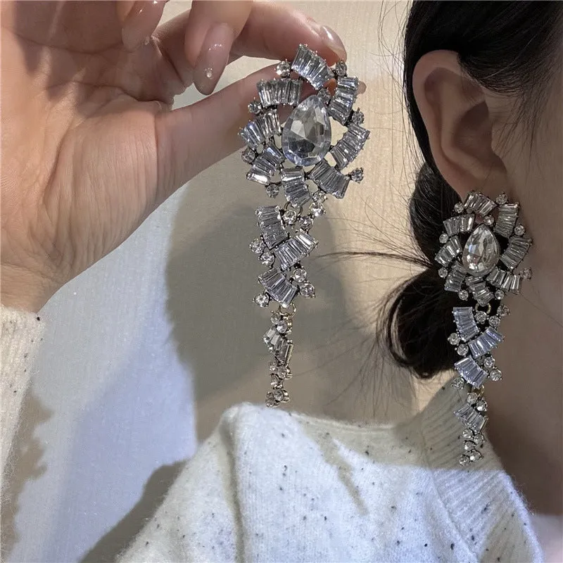 Flower Inlaid Diamond Long Earrings