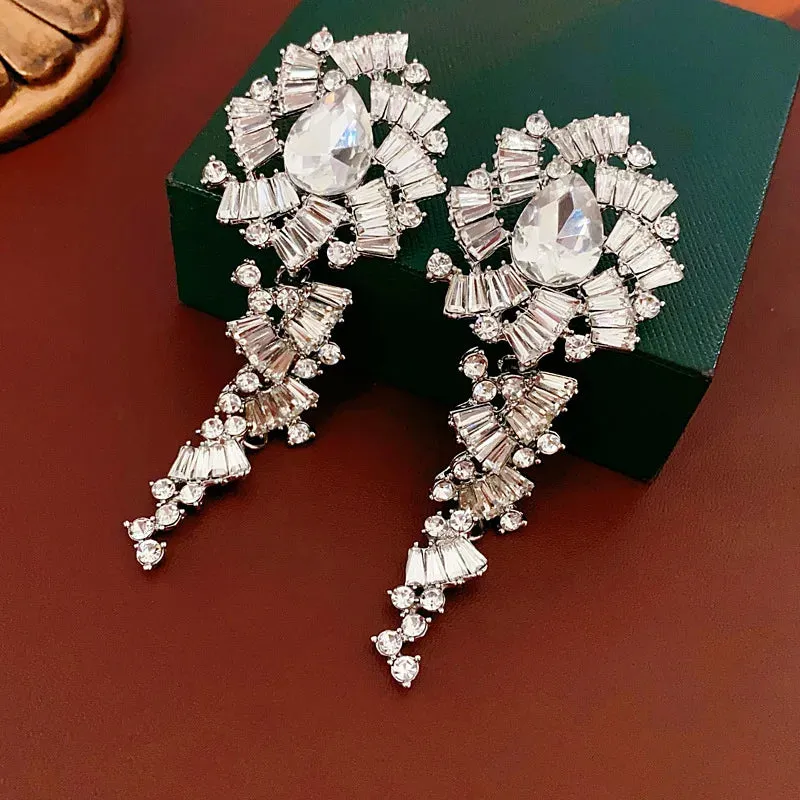 Flower Inlaid Diamond Long Earrings