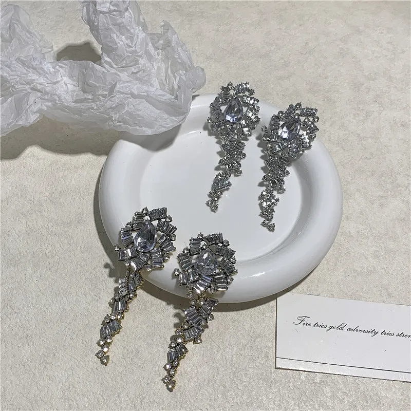 Flower Inlaid Diamond Long Earrings