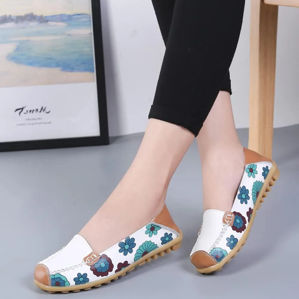 FolHaoth Leather Casual Loafers for Womens Floral Print Non Slip Leather Flat Shoes Comfortable Womens Slip on Walking Driving Shoes