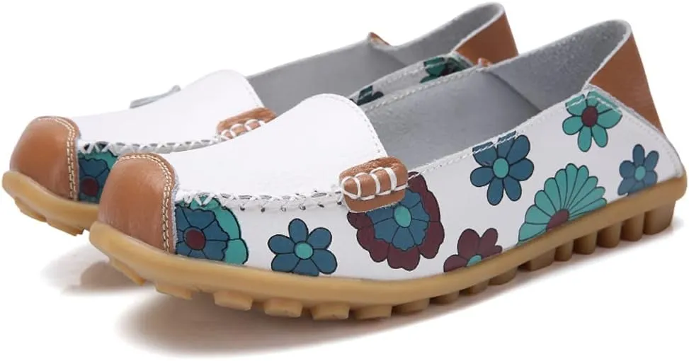 FolHaoth Leather Casual Loafers for Womens Floral Print Non Slip Leather Flat Shoes Comfortable Womens Slip on Walking Driving Shoes