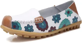 FolHaoth Leather Casual Loafers for Womens Floral Print Non Slip Leather Flat Shoes Comfortable Womens Slip on Walking Driving Shoes