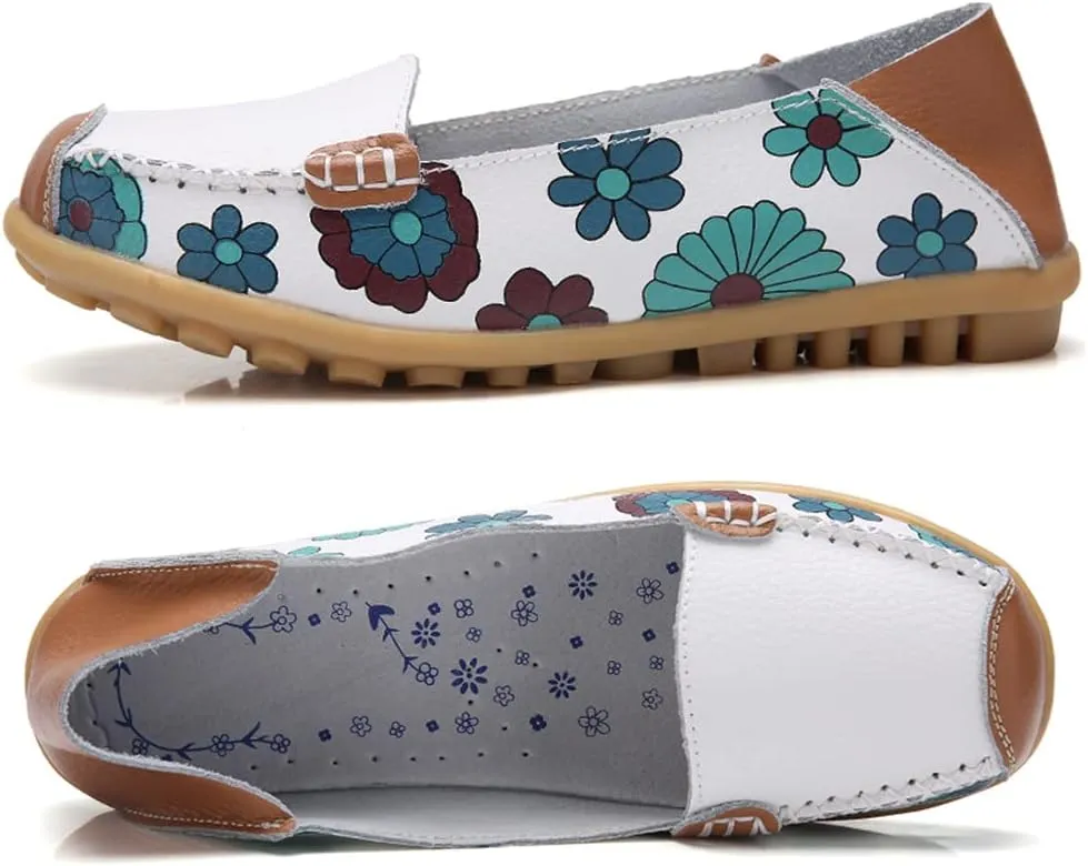 FolHaoth Leather Casual Loafers for Womens Floral Print Non Slip Leather Flat Shoes Comfortable Womens Slip on Walking Driving Shoes