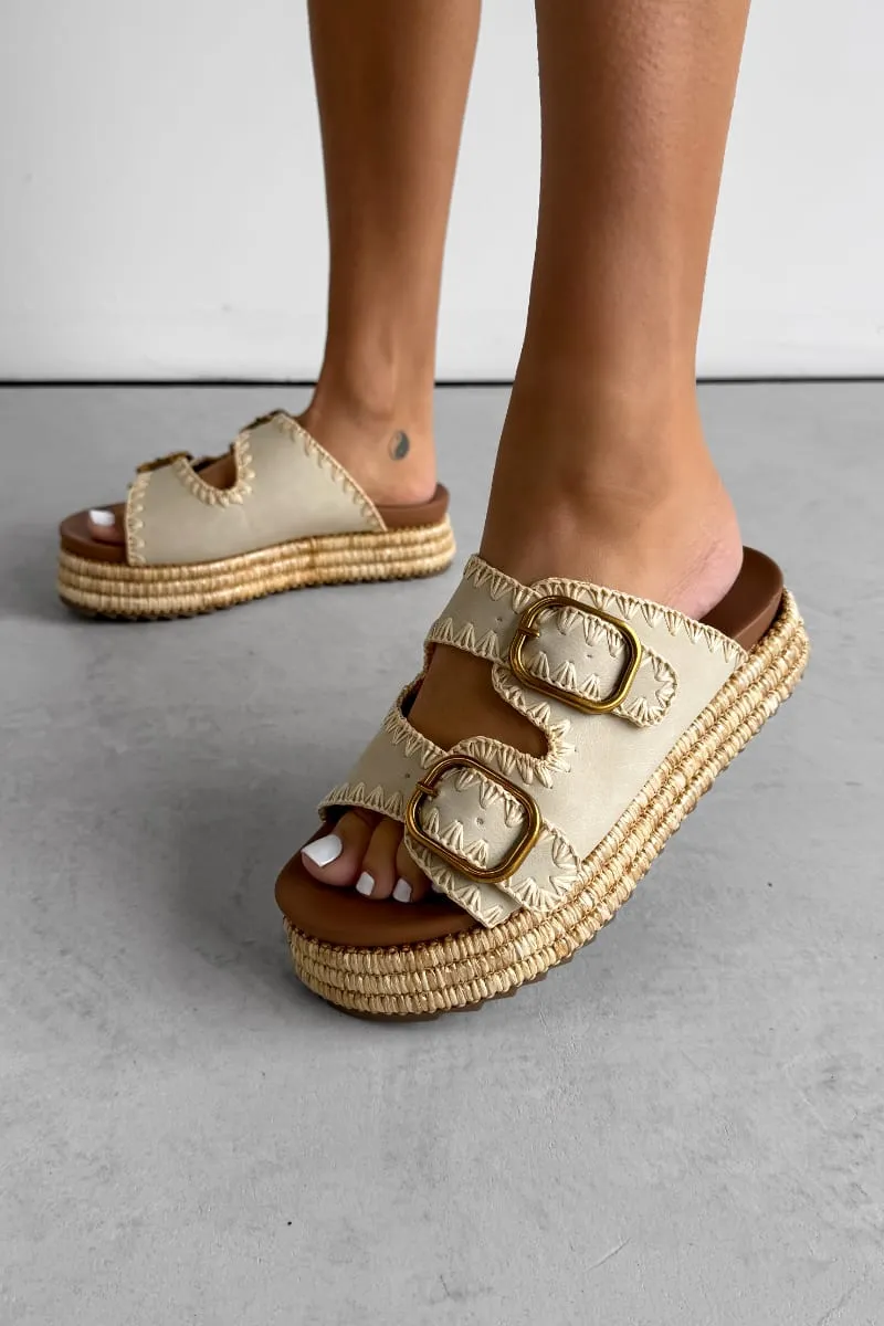 GEORGIA Chunky Embroidered Espadrille Buckle Sandals - Beige