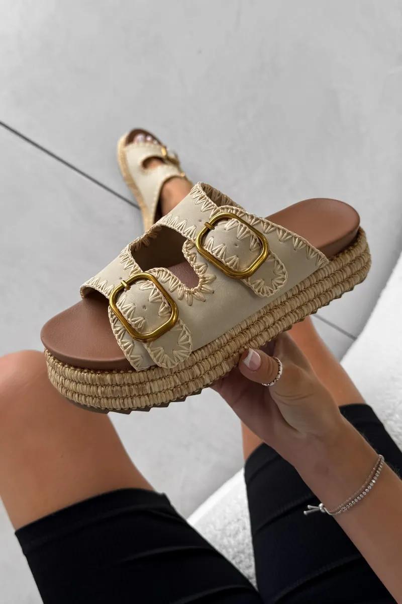 GEORGIA Chunky Embroidered Espadrille Buckle Sandals - Beige