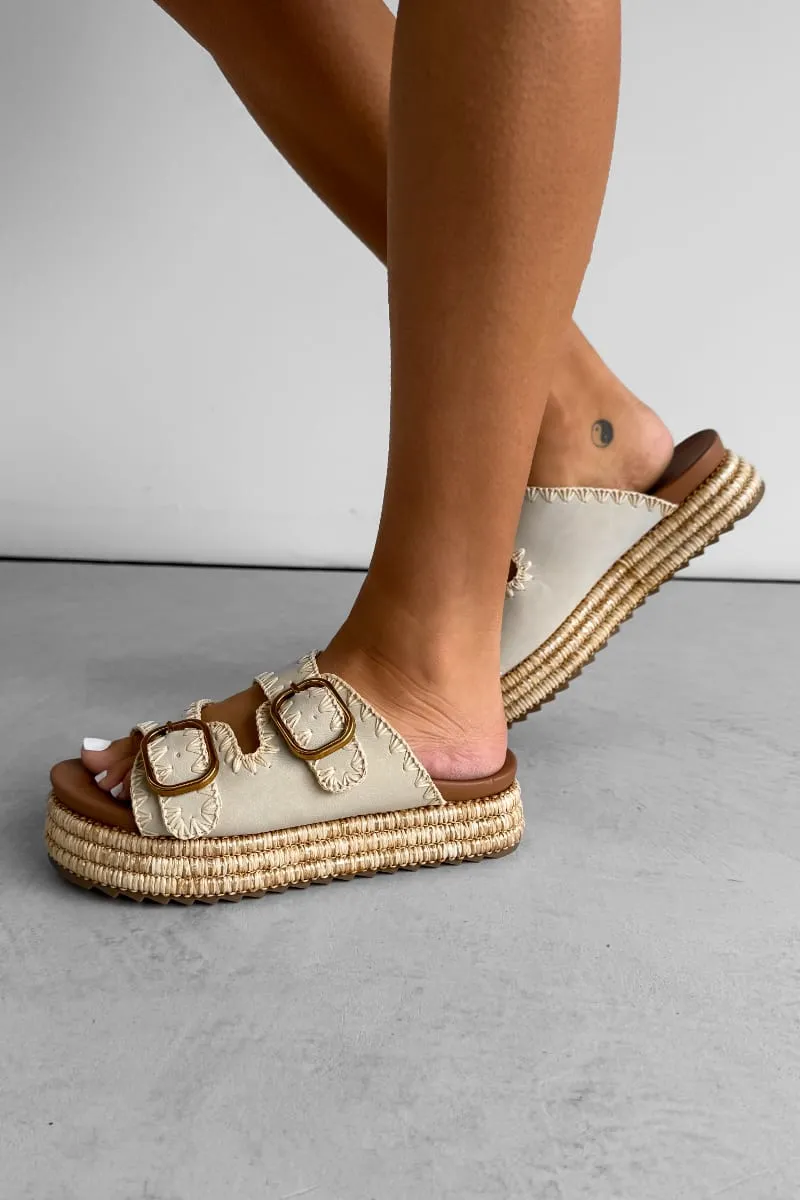 GEORGIA Chunky Embroidered Espadrille Buckle Sandals - Beige