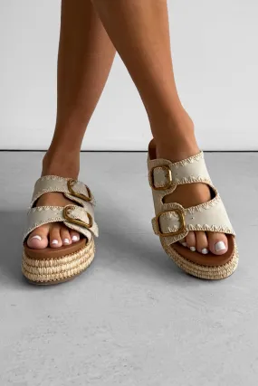 GEORGIA Chunky Embroidered Espadrille Buckle Sandals - Beige