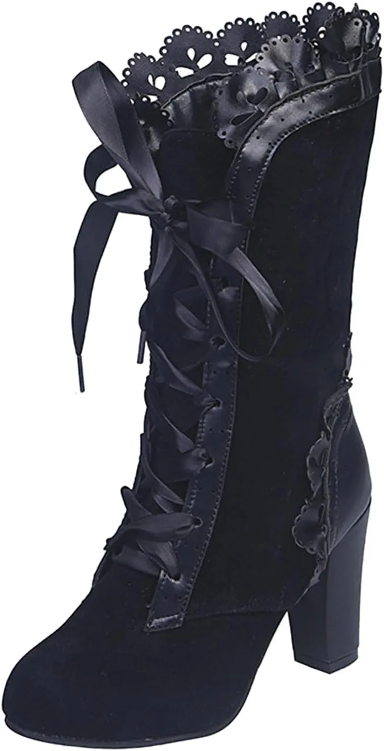 Gothic Boots for Women Chunky Heel Victorian Boots Lace Up Mid Calf Boots Suede Boots Renaissance Boots Witch Shoes