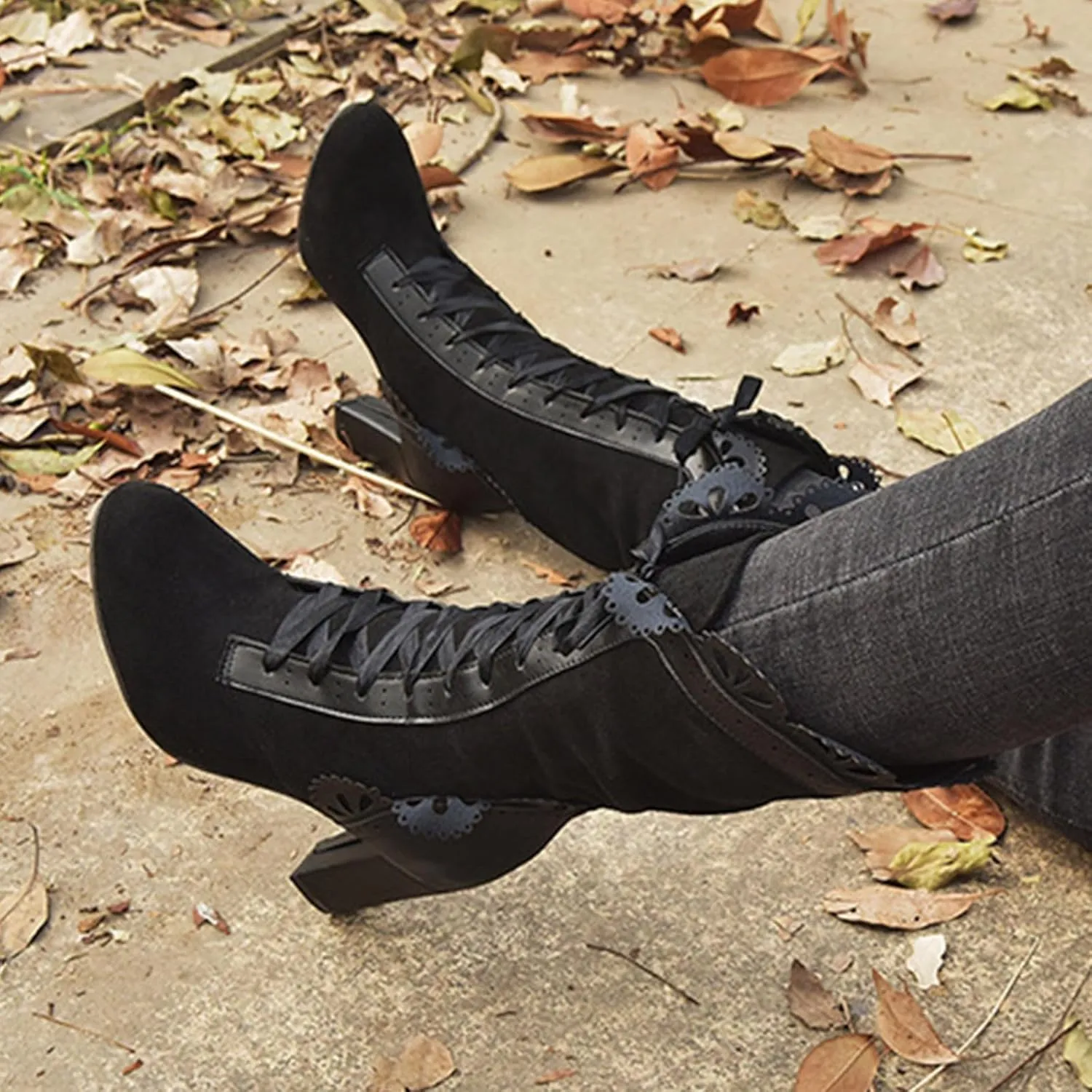 Gothic Boots for Women Chunky Heel Victorian Boots Lace Up Mid Calf Boots Suede Boots Renaissance Boots Witch Shoes