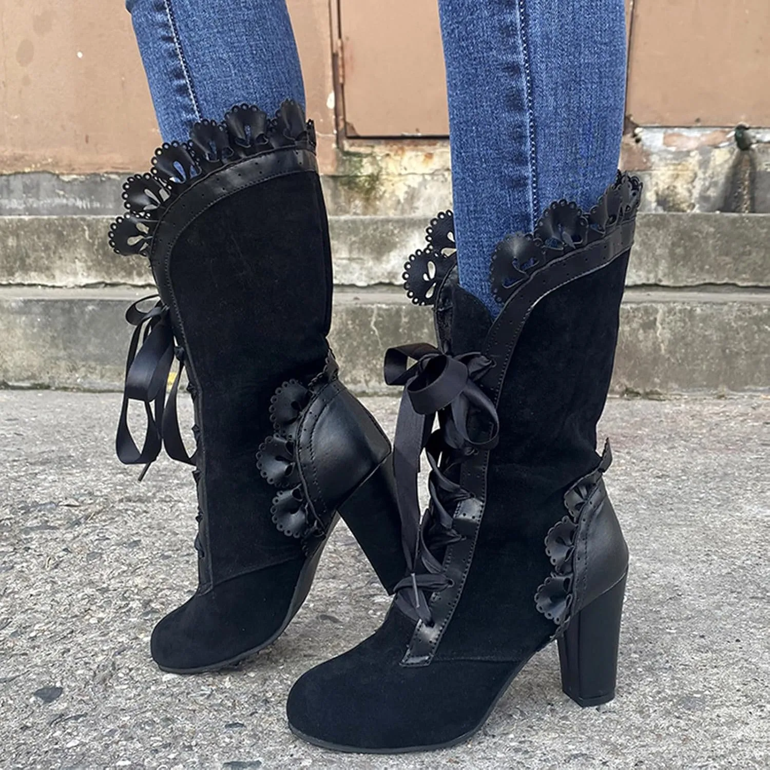 Gothic Boots for Women Chunky Heel Victorian Boots Lace Up Mid Calf Boots Suede Boots Renaissance Boots Witch Shoes