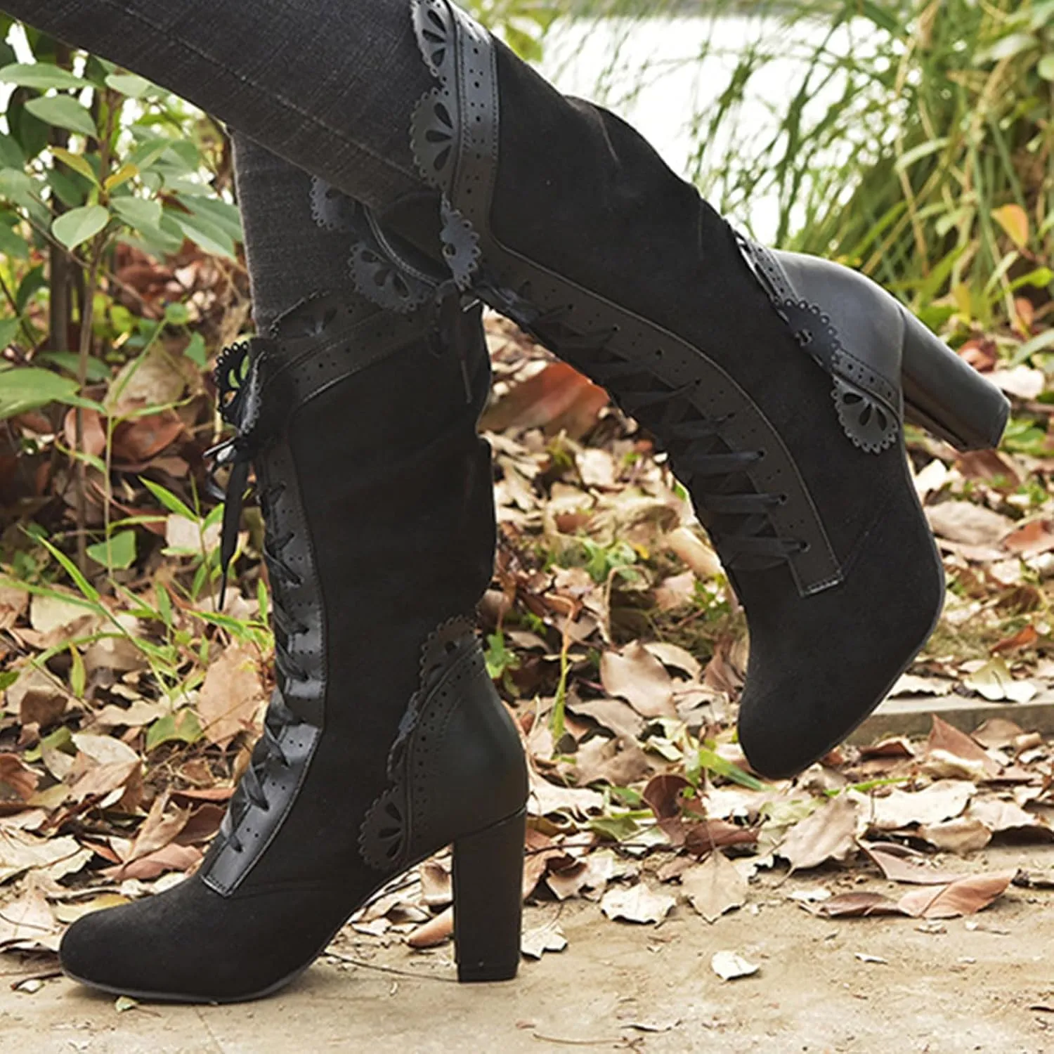 Gothic Boots for Women Chunky Heel Victorian Boots Lace Up Mid Calf Boots Suede Boots Renaissance Boots Witch Shoes