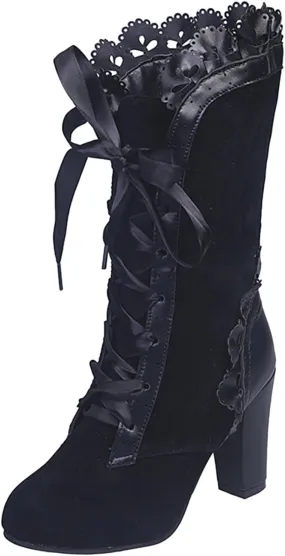 Gothic Boots for Women Chunky Heel Victorian Boots Lace Up Mid Calf Boots Suede Boots Renaissance Boots Witch Shoes